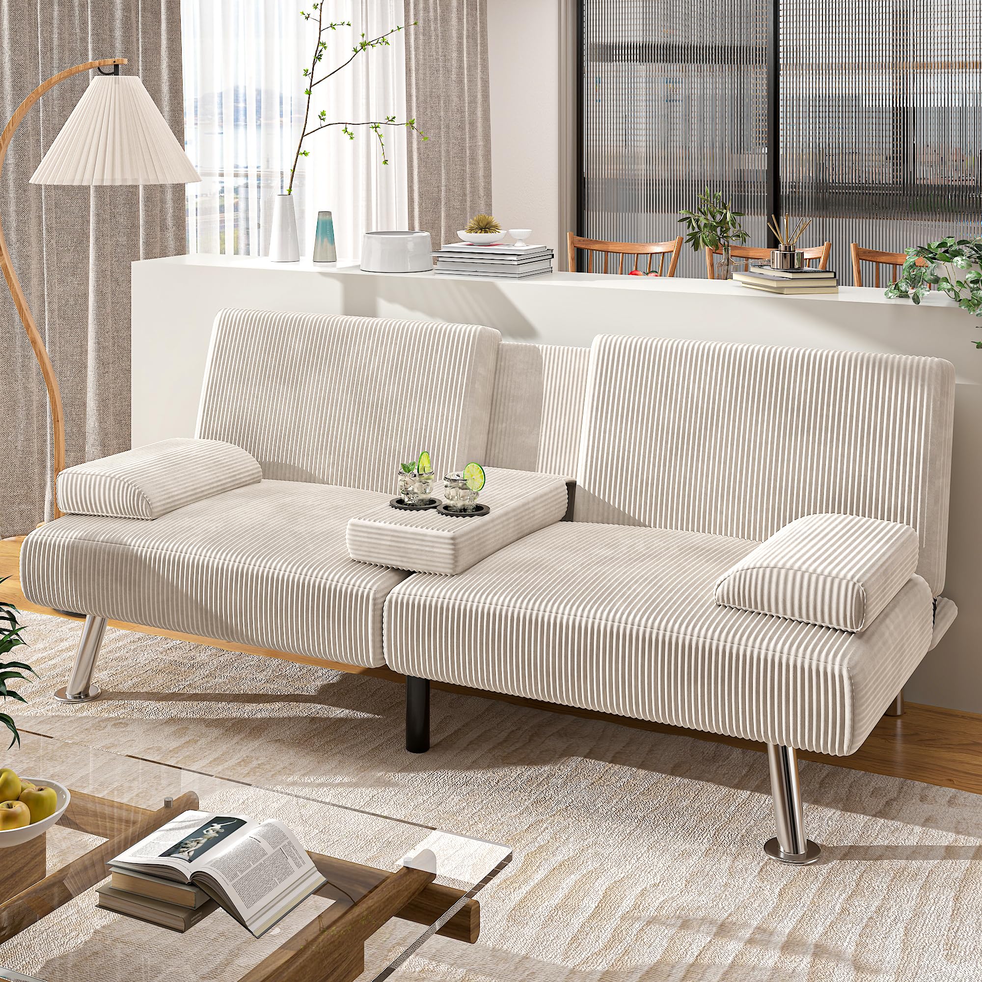 Shahoo Modern Upholstered Convertible Folding Futon Sofa Bed with Removable Armrests, Metal Legs, 2 Cup Holders for Living Room, Beige