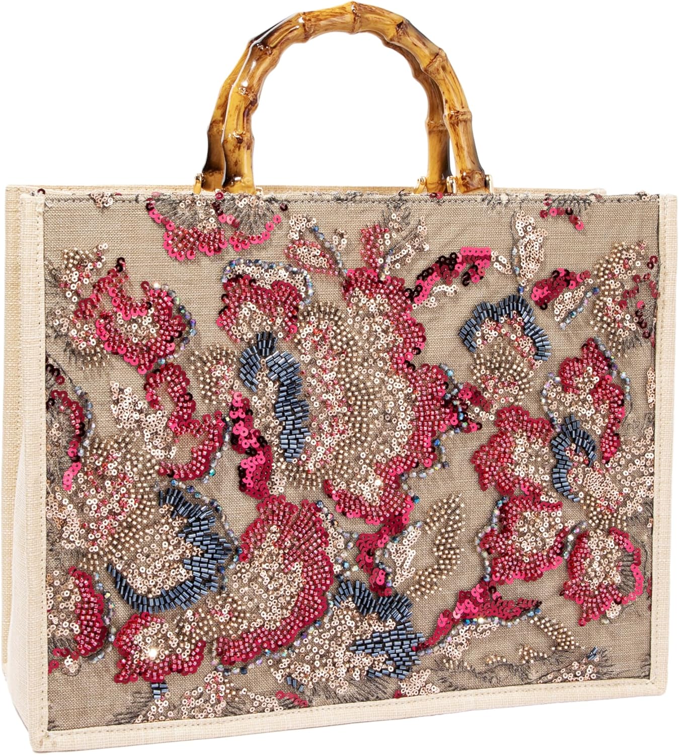 Bamboo Handle Sequin Embroidered Floral Tote Bag Evening Handbag for Wedding Party
