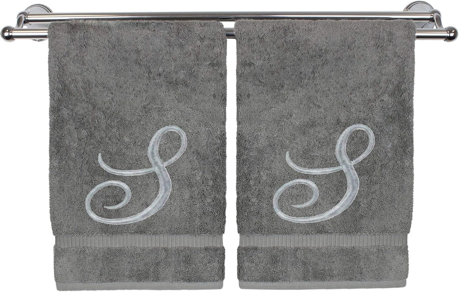 Monogrammed Hand Towel, Personalized Gift, 16 x 30 Inches - Set of 2 - Silver Embroidered Towel - Extra Absorbent 100% Turkish Cotton- Soft Terry Finish - for Bathroom, Kitchen and Spa- Script S Gray