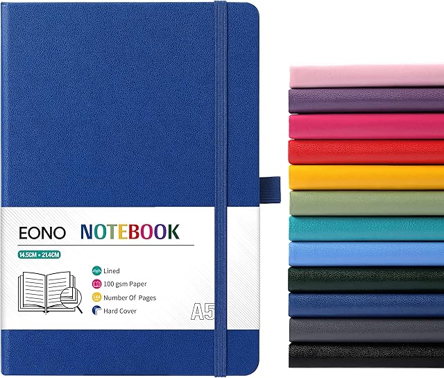 Amazon Brand - Eono Notebook - Notebook A5 with Premium Paper, Faux Leather Classic Writing A5 Notebook Journal, 5.4" X 8.3", Hardcover,Blue