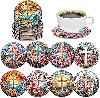 Cross Diamond Art Coasters - 8 Pcs DIY Christian Colorful Glass Diamond Painting Coasters Kits Religions Flower Art Craft Supplies Home Table Decor Inspirational Easter Gift for Beginners Adults