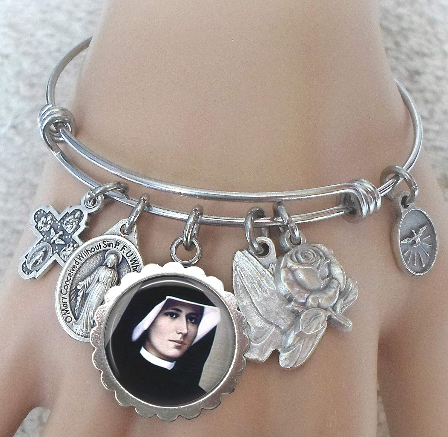 St. Maria Faustina Kowalska Bangle Bracelet, Patron Saint Italian Charm Jewelry, Catholic Gift, 4 Sizes Extra Small to Large