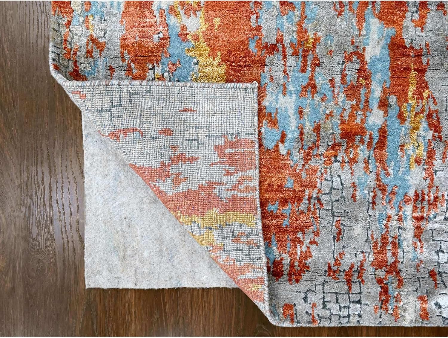 Orange with Gray Hand Knotted Fire Mosaic Design Wool and Silk Runner Rug (2'6"x9'9")