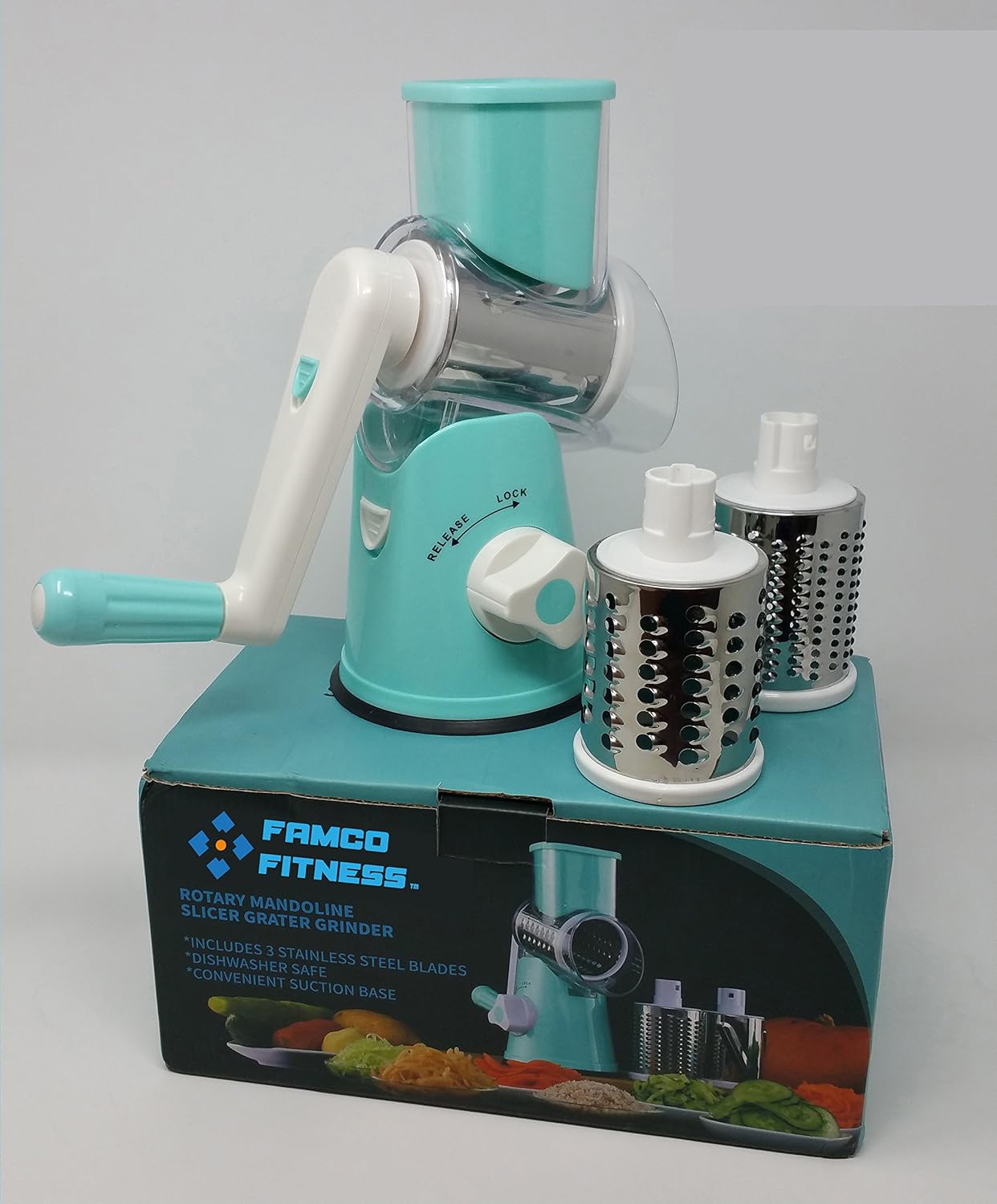 Rotary Cheese Grater and Mandoline Slicer By Famco Fitness | Potato Slicer, Onion Slicer, Vegetable Shredder, Nut Grinder - 3 Stainless Steel Round Blades - Dishwasher Safe