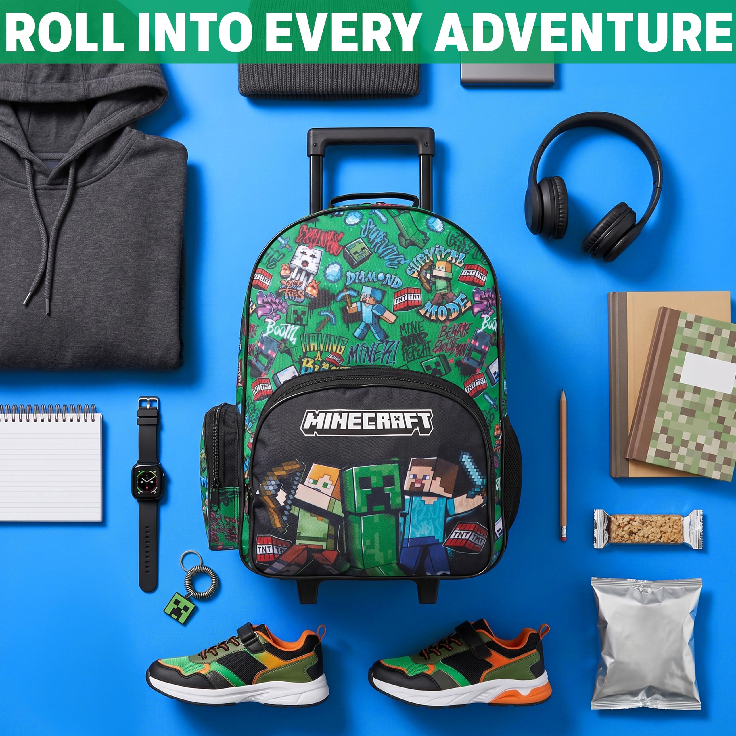 Get Trend Minecraft Zaino Trolley Bambino 2 in 1, Zaino Scuola Elementare con Ruote, Cartella per Ragazzi con Spallacci Imbottiti (Multi Minecraft)