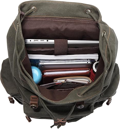 Miniatura 7 de KAUKKO mochila clásica de lona, mochila casual de día, morral de piel para la escuela, bolsa para computadora portátil