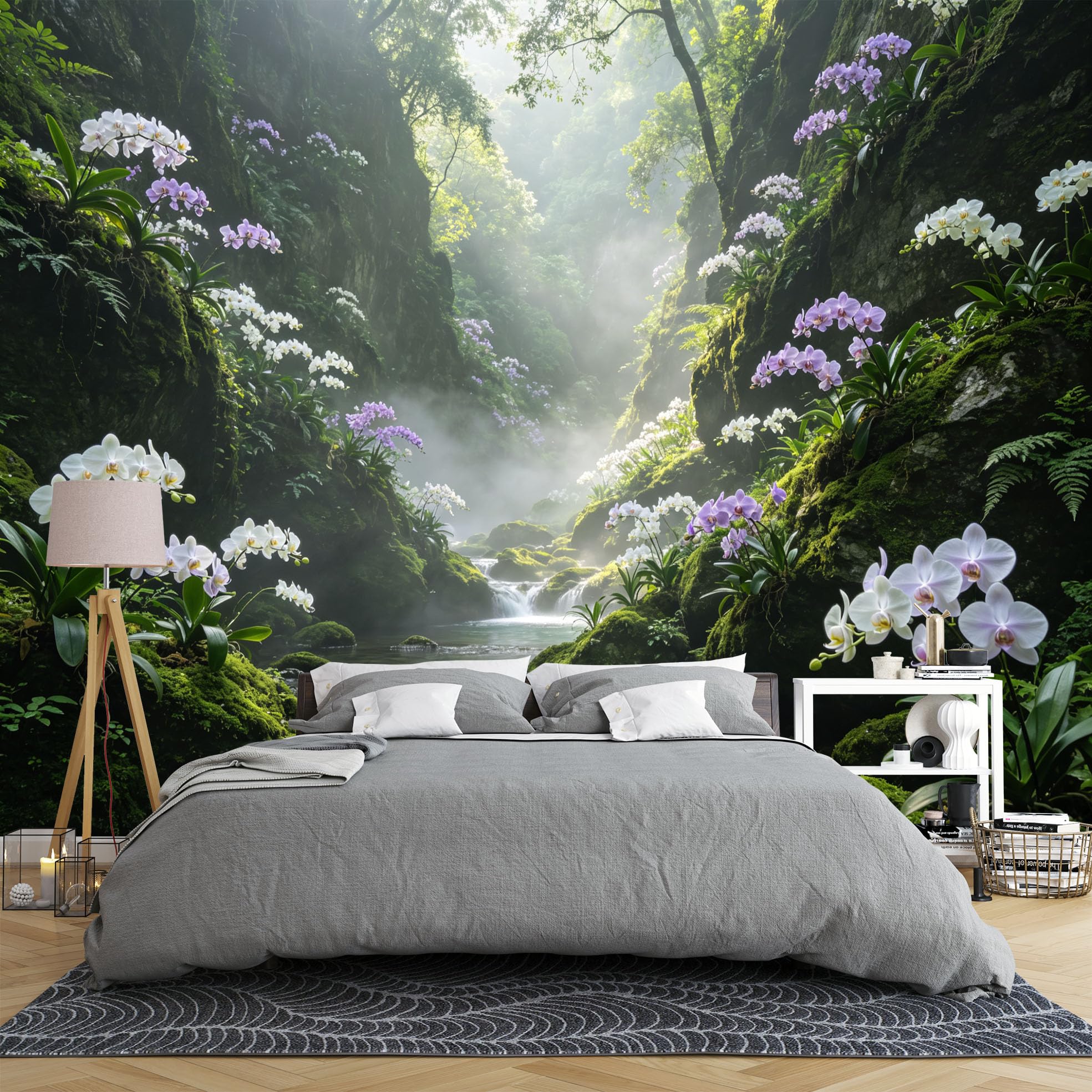 Carta Da Parati Carta Da Parati Murale Con Foresta Tropicale Cascata Giungla Orchidee E Fiori Effetto 3D Panoramico 200 × 140 Cm In Tessuto Non Tessuto Grande E Suggestivo Ideale Per Camera Da Lett