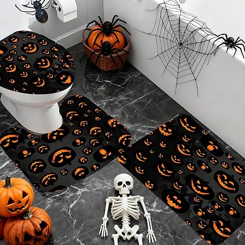 Miniatura 4 de Juego de 4 cortinas de ducha de calabaza de Halloween sin gancho, cortina de ducha negra aterradora, alfombra antideslizante para tapa de inodoro,