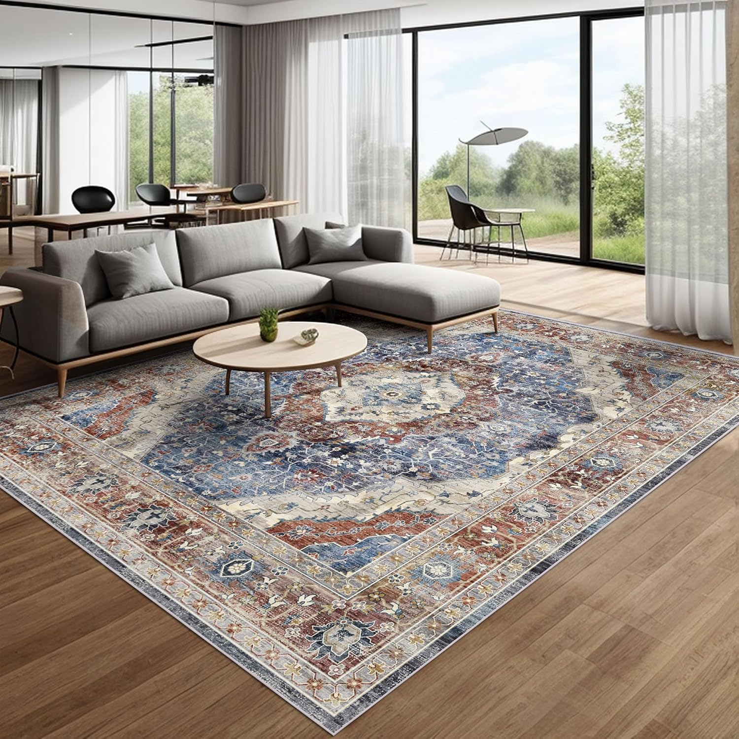 Deerly Boho Washable Area Rug - Large Vintage Non-Slip Oriental Distressed Carpet - Indoor Stain Resistant (Border Brown/Navy Blue 8x10)