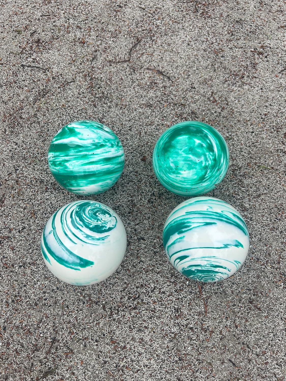 BuyBocceBalls Listing - Made in USA, Premium Quality Official Tournament 4 Ball Bocce Set, Regulation Size and Weight, 920 Grams (2 lbs. 1 oz.) - Marbleized Green and White - 107mm