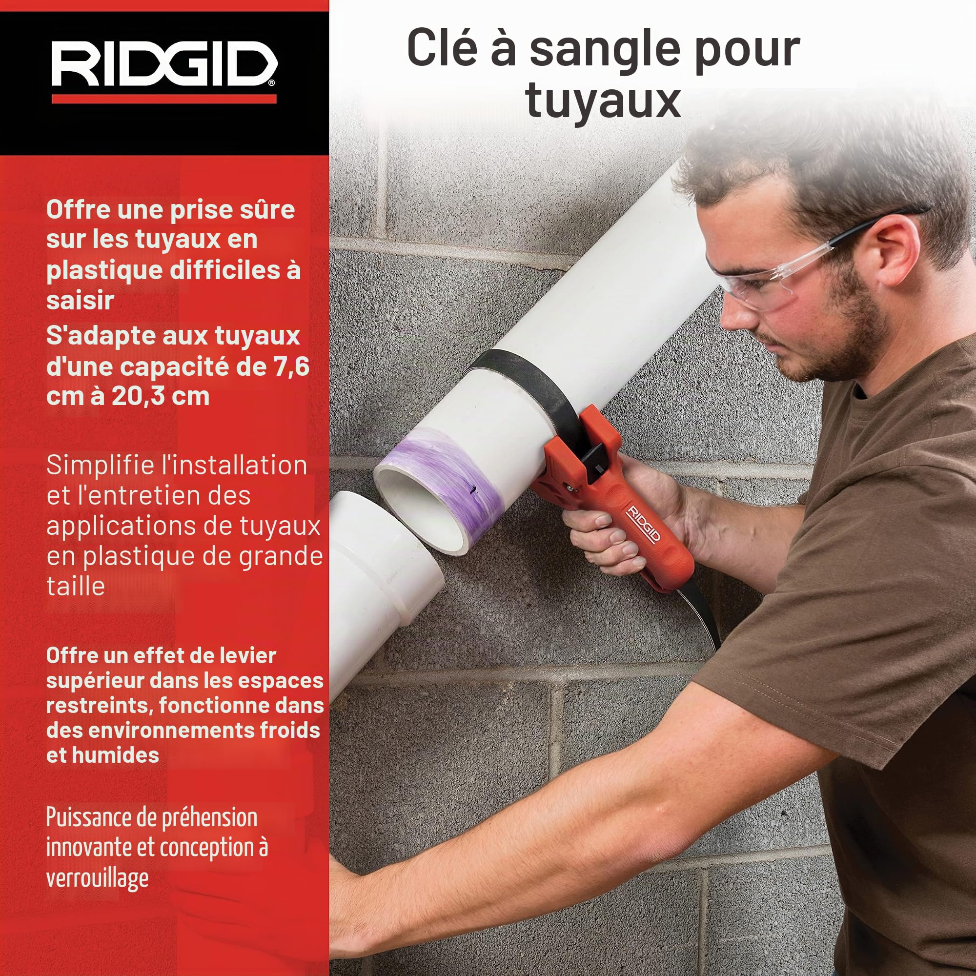 RIDGID 42478 Poignée de tube STRAPLOCK, clé à lanière de 80 mm à 200 mm