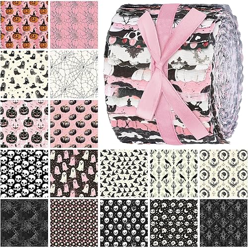 Ganeen 100 Pcs Pink Gothic Christmas Quilting Fabric Roll Retro Ghost Pumpkin 2.56 Inch Fabric Squares Jelly Patchwork Precut Strips Bundles for Halloween Materials Craft DIY Sewing Cloths