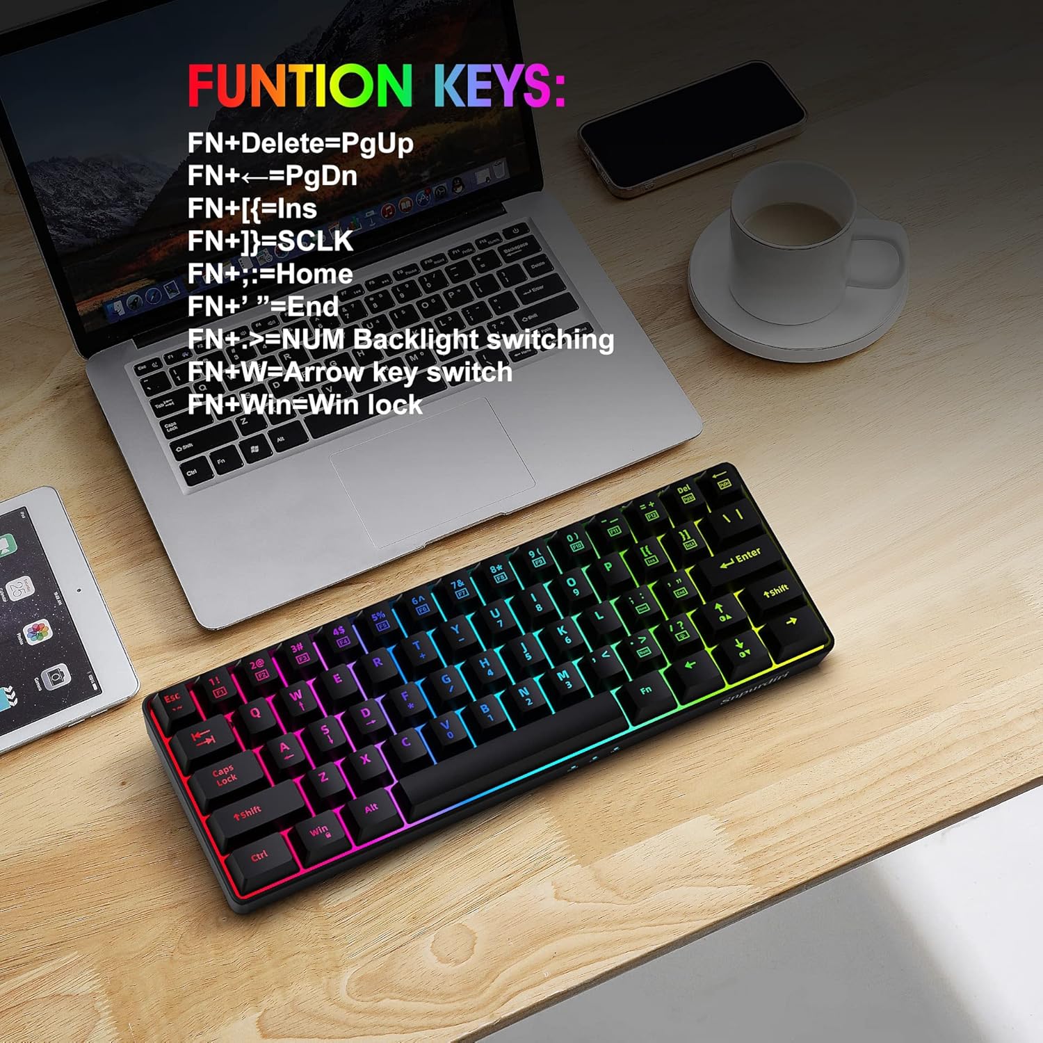 Snpurdiri Teclado de 60% para juegos, RGB compacto y pequeño teclado de membrana de oficina con cable para Windows Laptop PC Mac - Negro