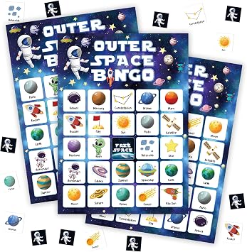 Outer Space Bingo Games For Adults, Solar System Party Bingo Game Set, Astronaut Themed Game Bingo Cards, Space Party Bingo Favors For Friends, Space Themed Birthday Activity Game Decor & Supplies -20