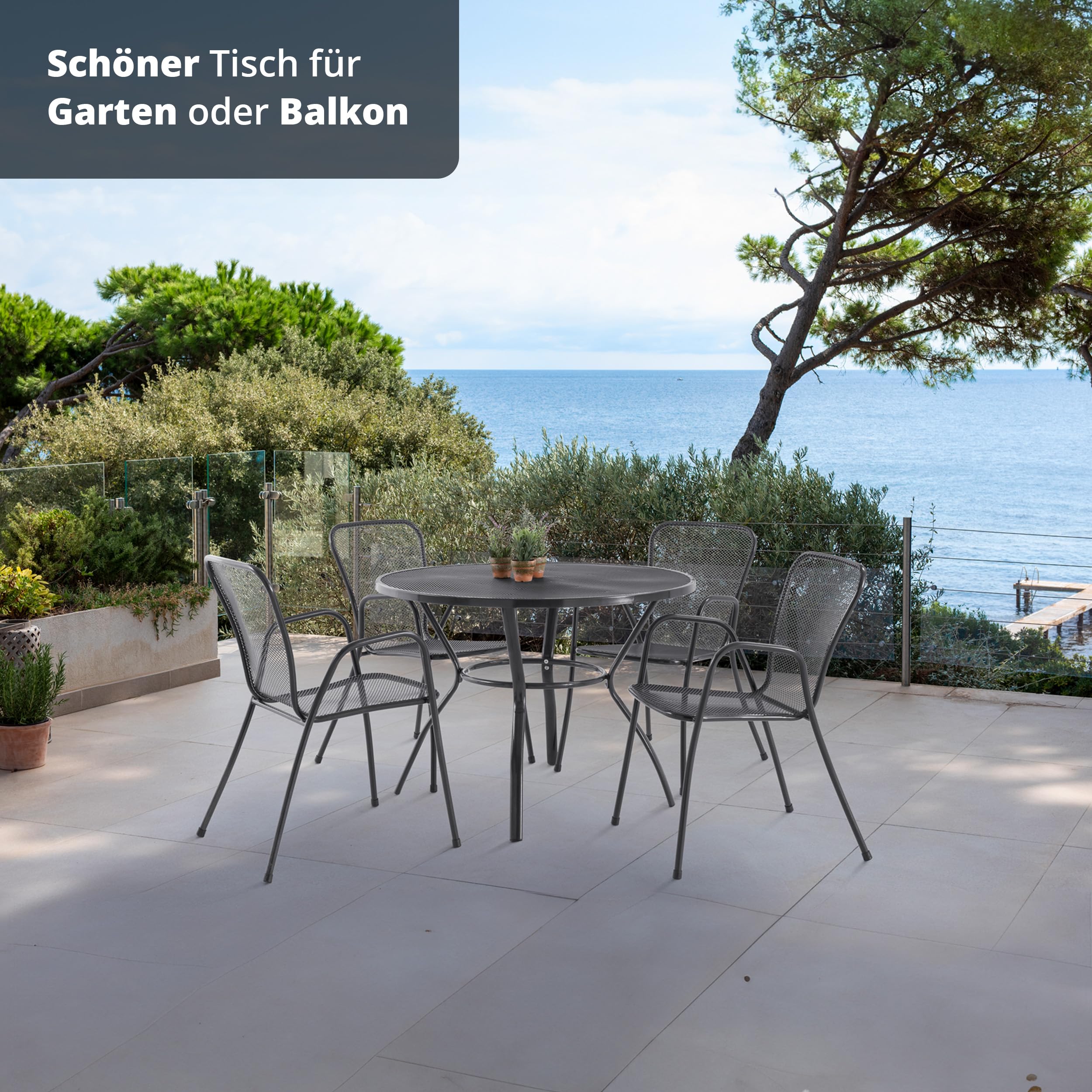 KHG Gartentisch Anthrazit, wetterfestes Eisen-Gestell, für 2 Personen, runder Balkontisch, Outdoor 71x90x90 cm, 50 kg belastbar