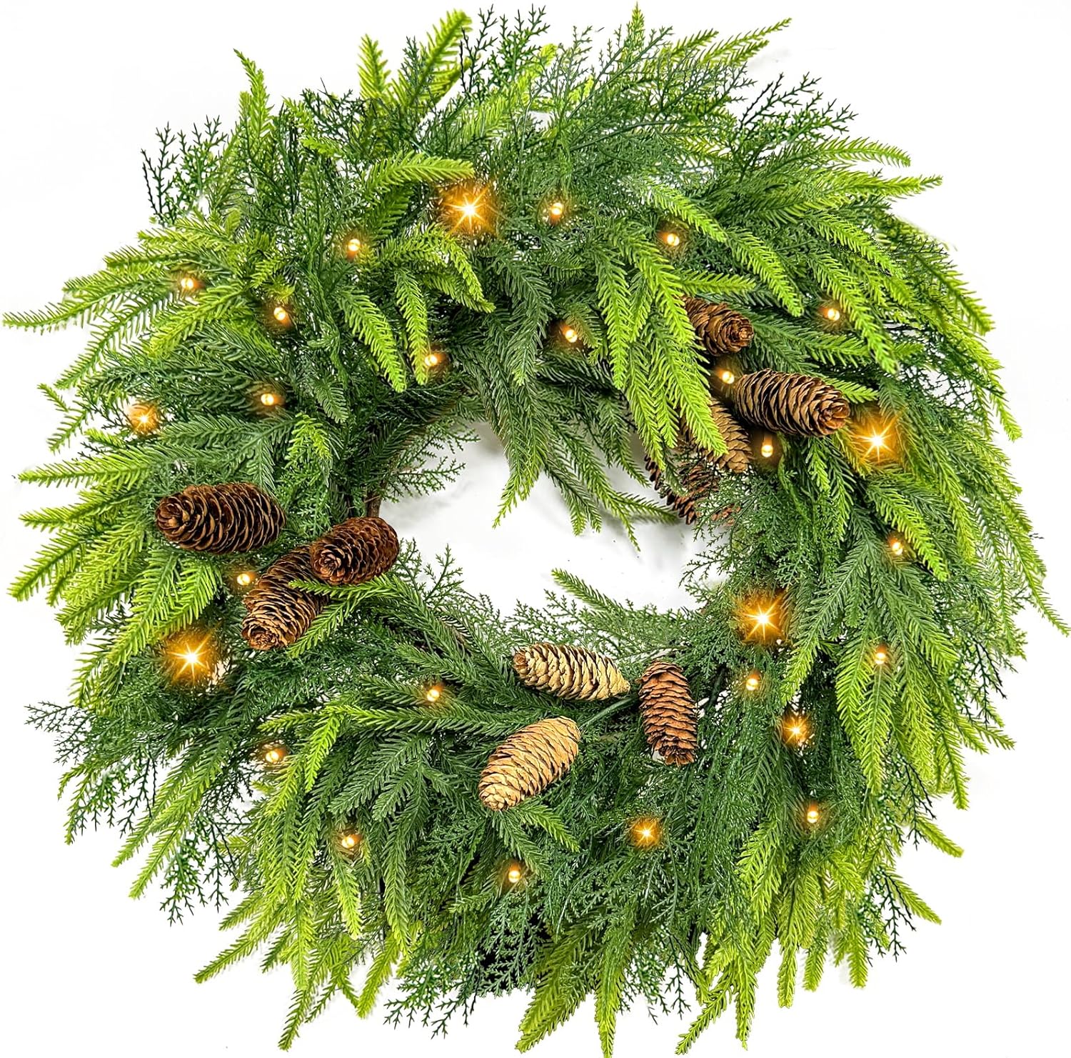 24 Inch Large Christmas Wreath with 50 LEDs Lights Timer 8 Modes, Thick & Soft Norfolk Pine Cypress Tips Pinecone Real Feel Artificial Wreath for Front Door Window Mantel Wall Xmas Home Décor Christmas Wreath Outdoor (Norfolk Pine Cypress)