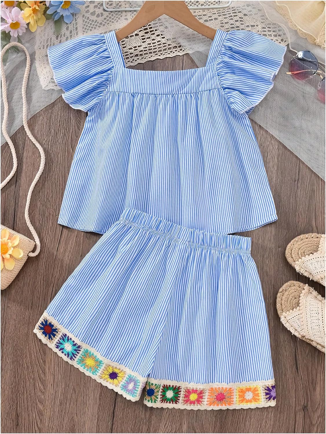 Floerns Girl's Vacation Outfit Striped Boho Blouse Tops and Summer Shorts 2 Piece Set
