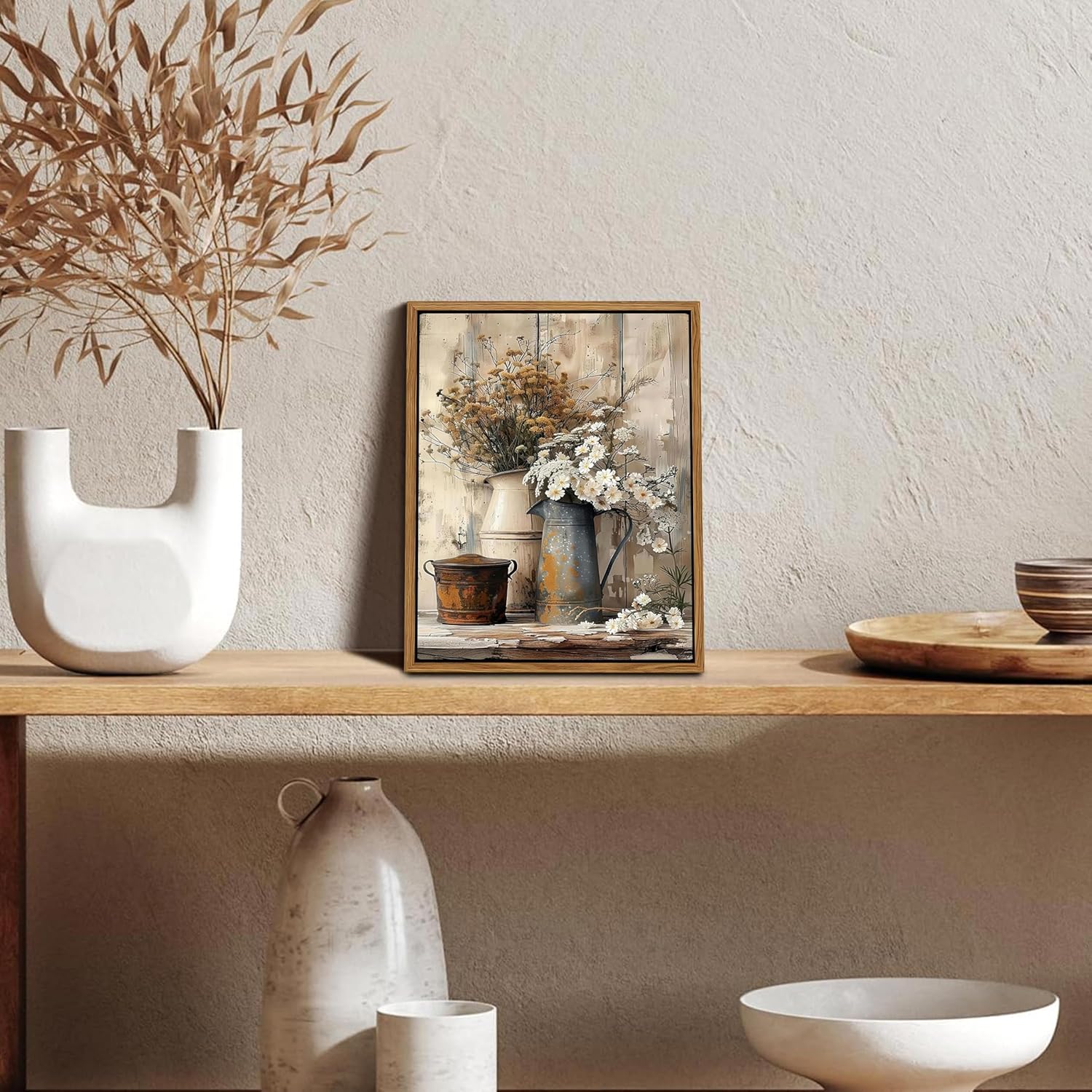 Floating Framed Farmhouse Vintage Canvas Wall Art, Country Floral Daisy Pictures Wall Decor, Wood Grain Art Paintings Poster for Living Room Bedroom Bathroom Rustic Decor 12x16 Inch Ready to Hang