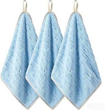 3 Pack Blue Microfiber Hand Towels for Bathroom with Hanging Loops