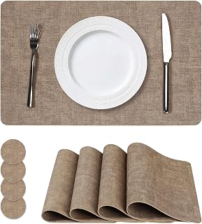 NCUE Vinyl Placemats Set of 4, 17"x12" Wipeable Place Mats with Coasters