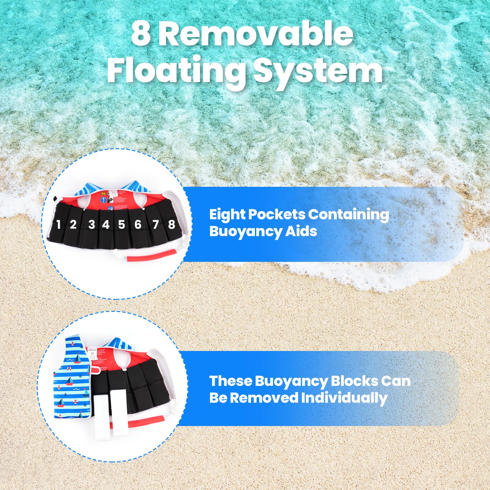 Giubbotto di nuoto per bambini e bambine, con cinghie di sicurezza regolabili, età 1-6