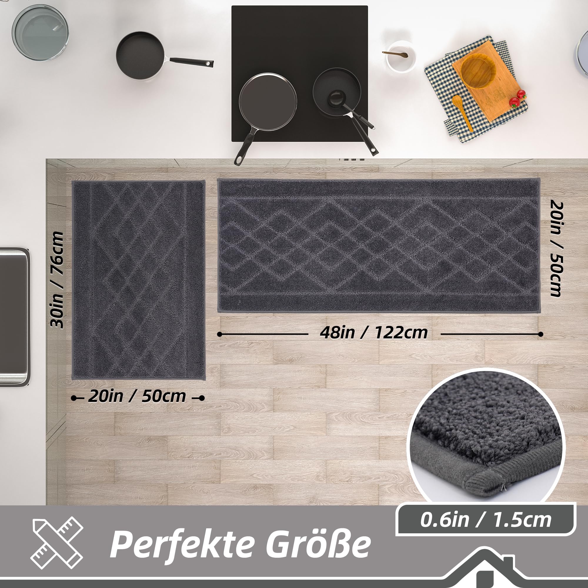 BEQHAUSE Küchenteppich 2 Stück rutschfeste, Maschinenwaschbare Küchenmatten, Saugfähige, Weiche Küchenläufer für Küche, Esszimmer, Dunkelgrau, 50X76cm+50X122cm