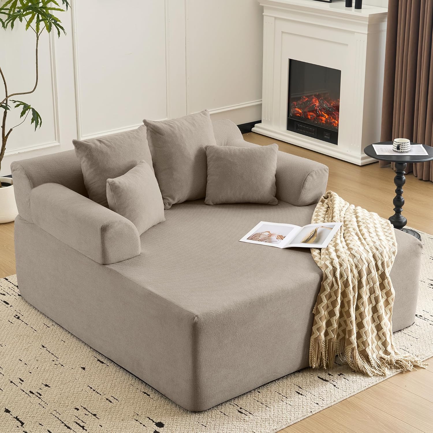 61 Inch Chaise Lounge Indoor,Oversized Upholstered Boneless Sofa Bed with Pillows, Fabric Sleeper Chair Reading Chairs with Armrests,Cloud Couches for Living Room,No Assembly Required(Brown)