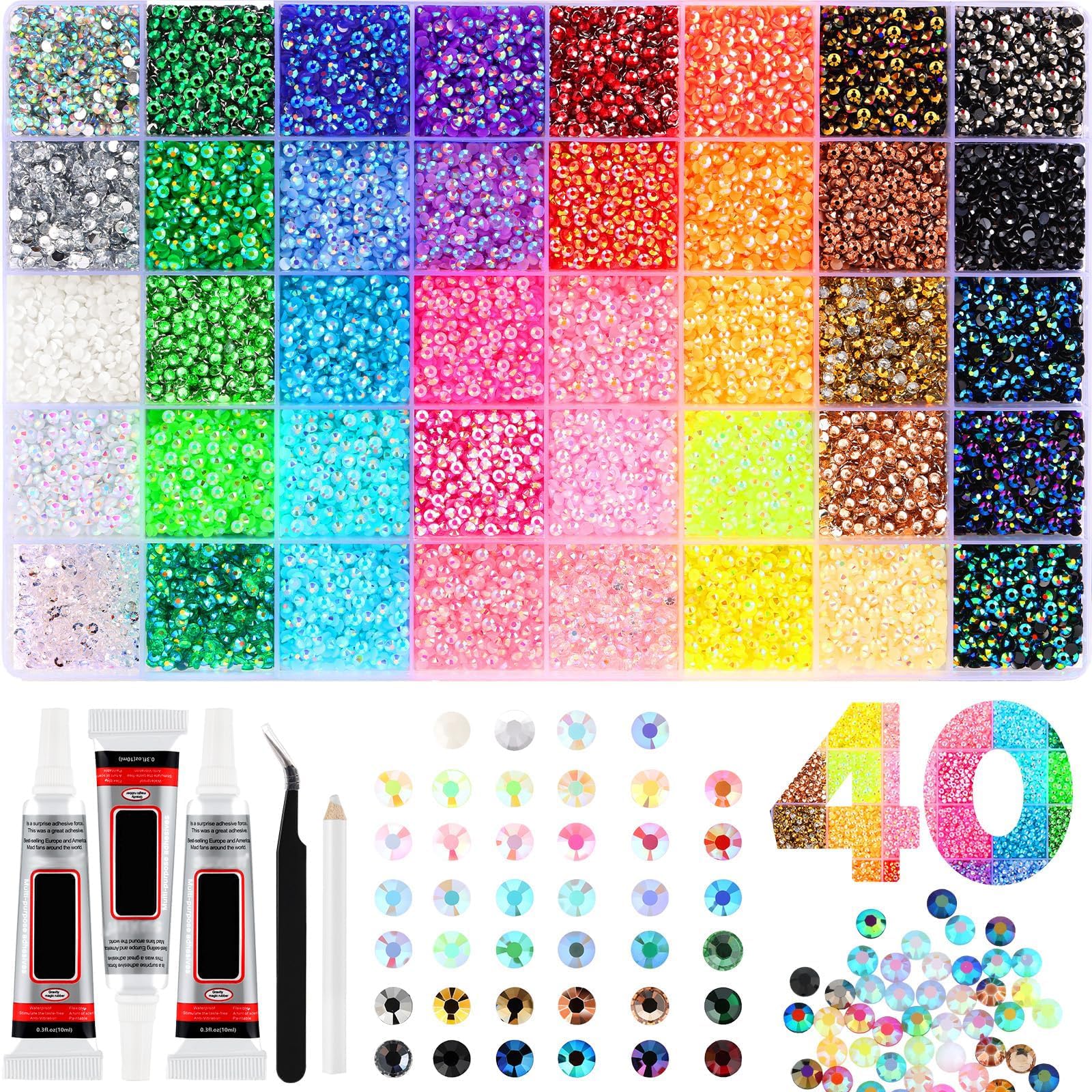 Lot de 32 000 strass en résine pour travaux manuels, 3 mm, 40 couleurs, 3 mm, kit éblouissant avec 3 pièces de colle pour vêtements, chaussures, livres et diamants