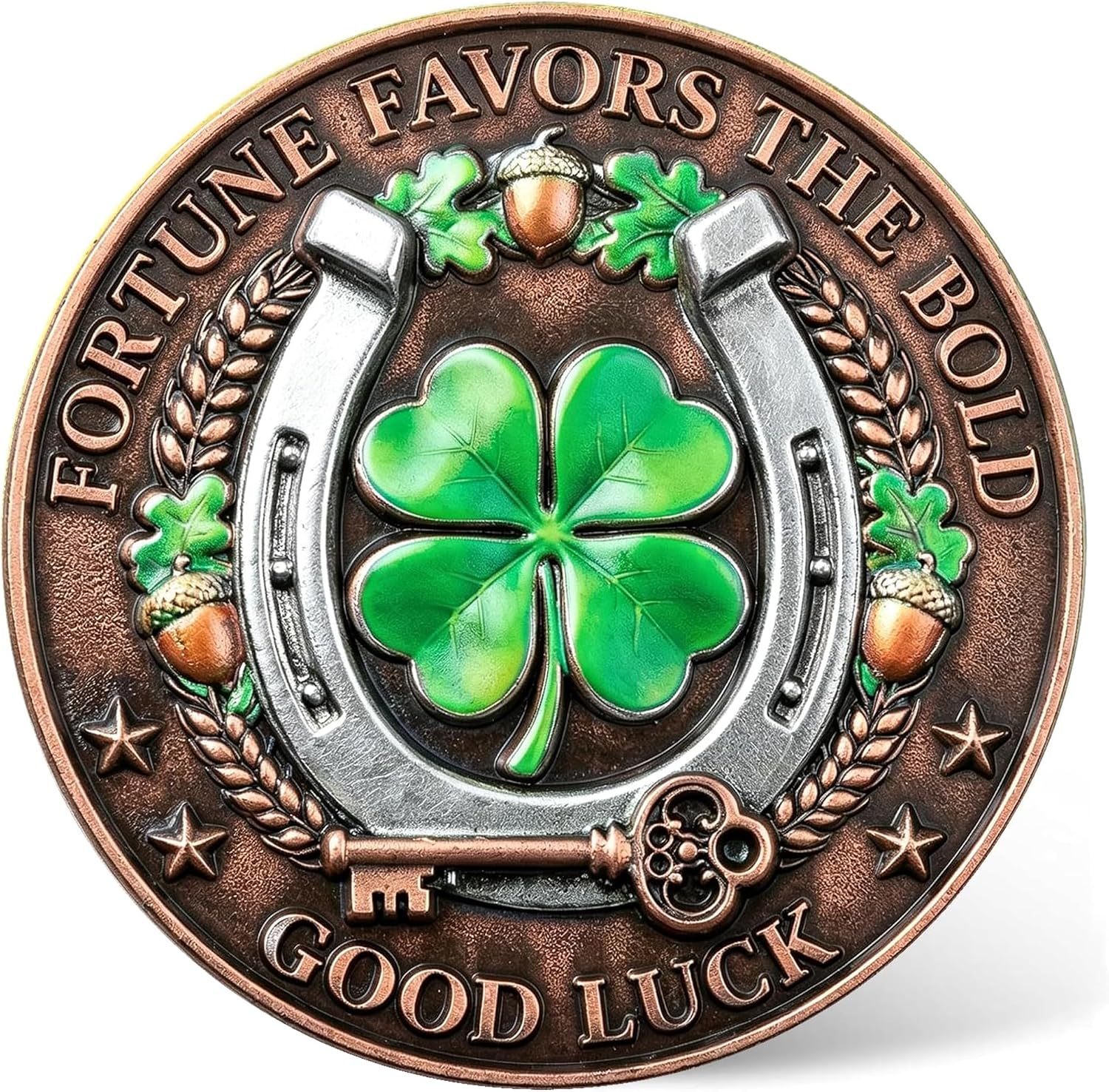 Fortune Favors the Bold Lucky Coin with Protective Case - High Relief Zinc Alloy Good Luck Collectible, Horseshoe & Four-Leaf Clover Keepsake Gift for New Beginnings & Success (1.57")