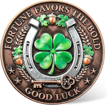 Fortune Favors the Bold Lucky Coin with Protective Case - High Relief Zinc Alloy Good Luck Collectible, Horseshoe & Four-Leaf Clover Keepsake Gift for New Beginnings & Success 1.57"