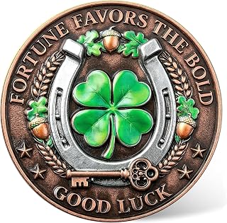 Fortune Favors the Bold Lucky Coin with Protective Case - High Relief Zinc Alloy Good Luck Collectible, Horseshoe & Four-Leaf Clover Keepsake Gift for New Beginnings & Success (1.57") ﻿ ﻿ ﻿