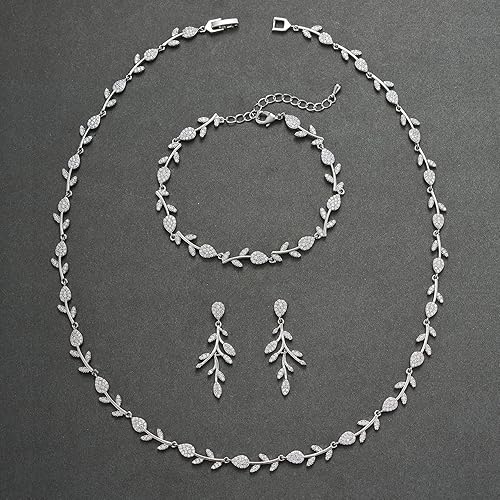 Vista 4 de SWEETV Juego de joyas de boda de circonita cúbica para novias, damas de honor, aretes y collar de vid de hoja de cristal para mujer, regalos