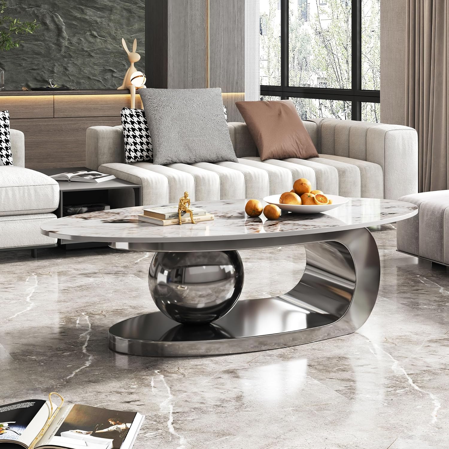 49.2" Modern Oval Marble Coffee Table – Gray Stainless Steel Base, Scratch-Resistant, Easy Assembly