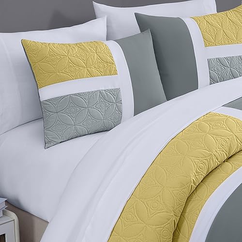 Miniatura 3 de Chezmoi Collection Bernard - Juego de edredón tamaño Queen de 7 piezas con sábanas, edredón ligero, color amarillo, gris carbón, medallón acolchado,