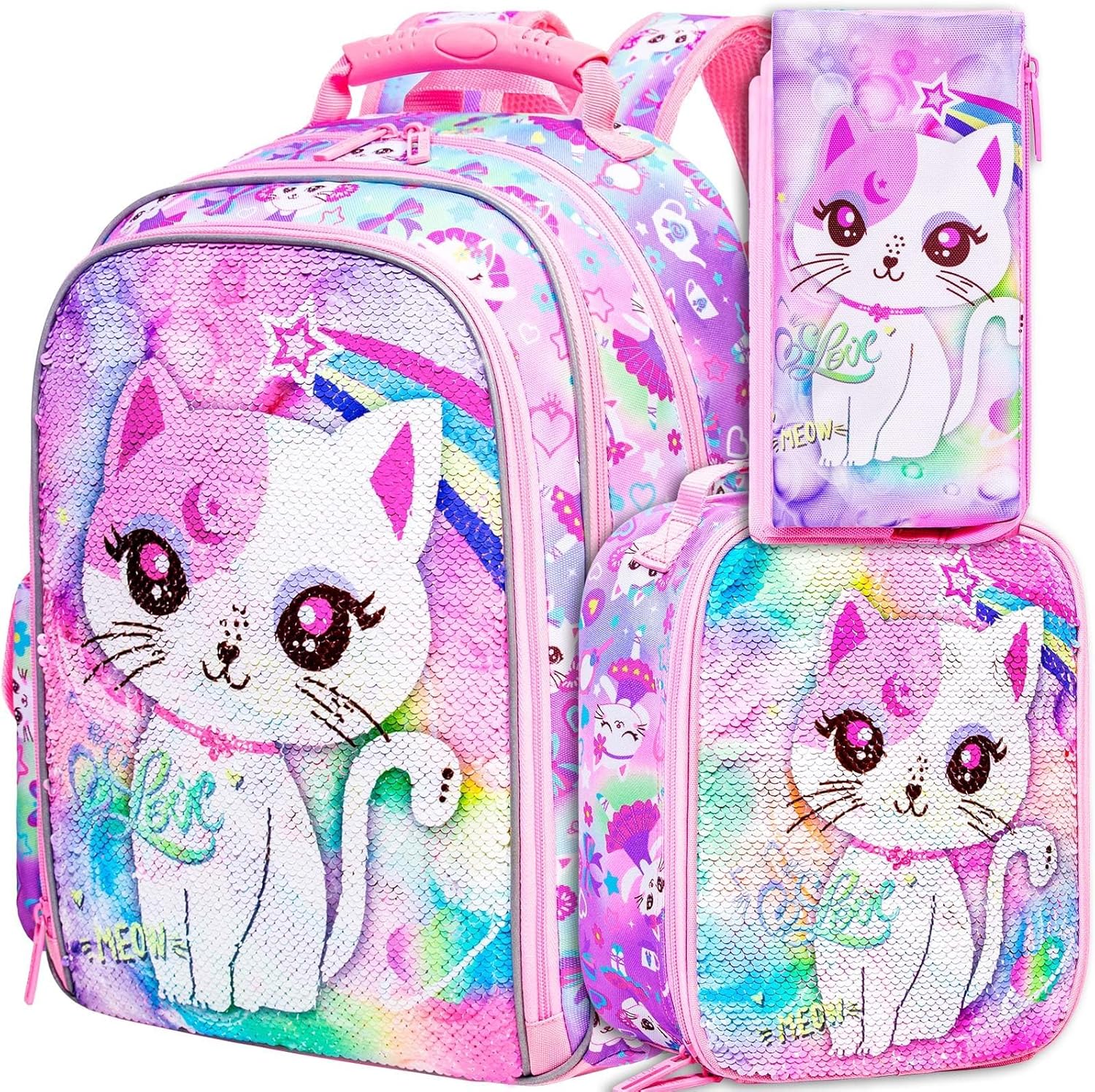 KLFVB 3PCS Cat Uni Dinosaur Backpack for Girls and Boys, 16" Kids Bookbag and Lunch Box, Preschool Backpacks for Elementary - Image 8