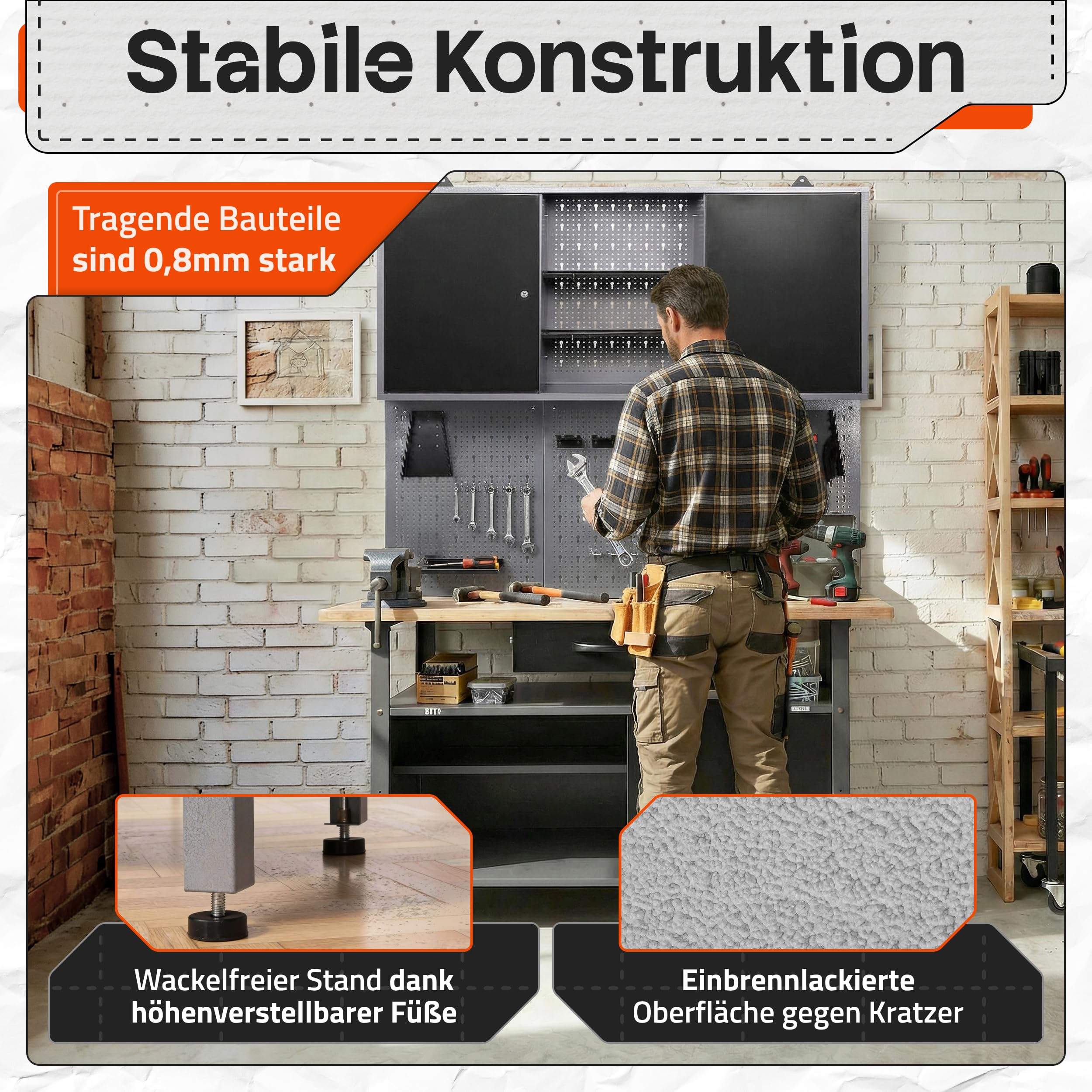 Ondis24 Werkstatteinrichtung Klaus, Metall, 1 Werkstattschrank, Lochwand, Hakensortiment (Arbeitshöhe 85 cm, Schwarz)