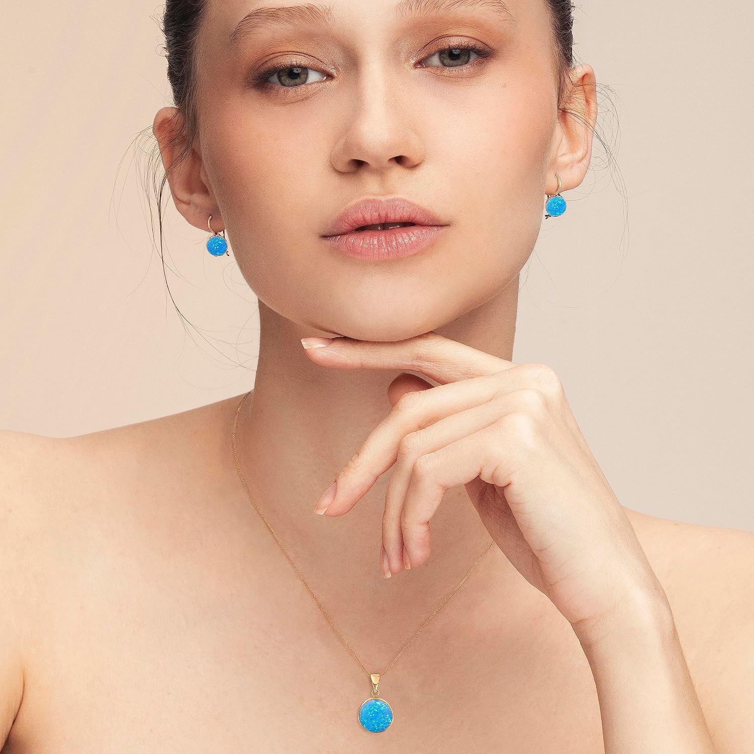 14K Gold Blue Opal Necklace - 14K Solid Yellow Gold Dainty Pendant with October Birthstone, Simple 12mm Large Size Round Opal Gemstone - Delicate Handmade Jewelry for Classy Women