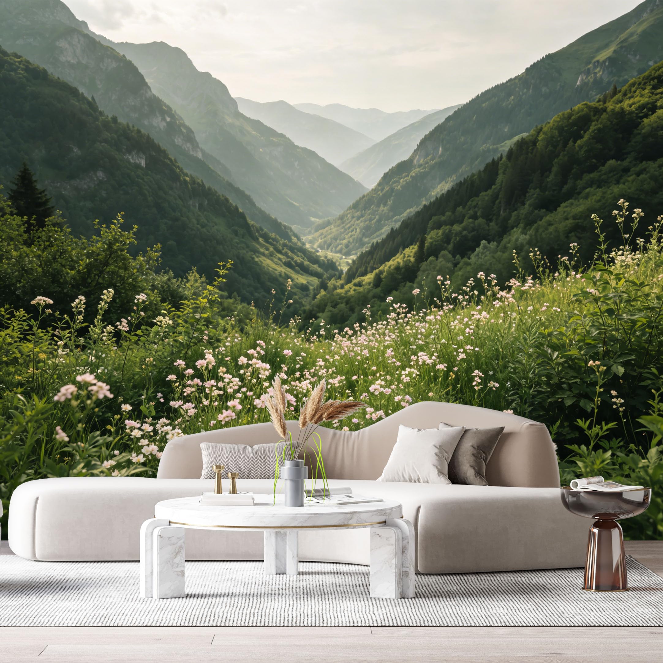 Custom Size Wall Murals Mountain Valley Landscape Wildflower Meadow Green Hills SelfAdhesive Wall Fabric Removable Large Wallpaper for Photo Living Room