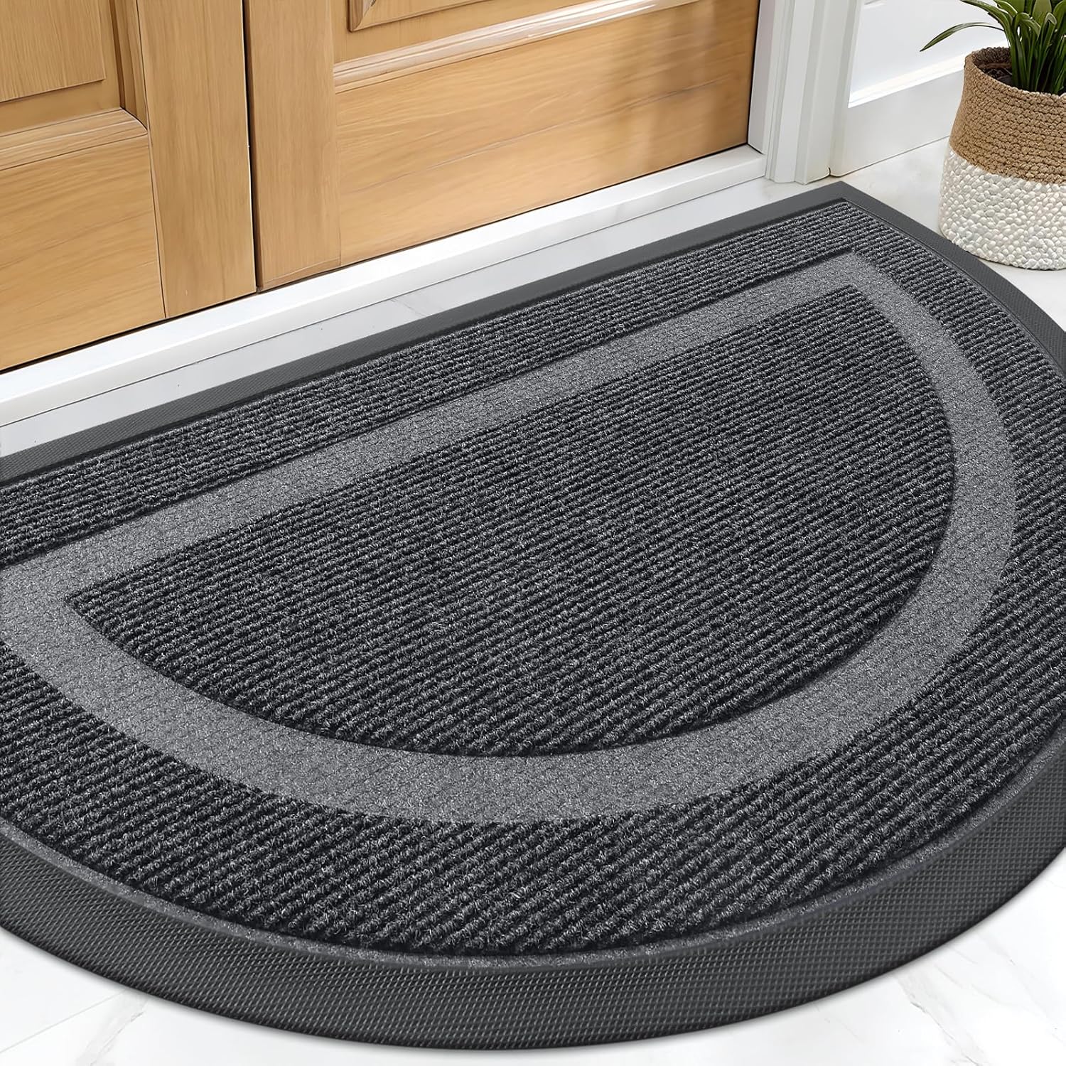 OLANLY Grey 2 Piece Set, Half Circle Door Mat (29.5x17) & Geometric Door Mat (29.5x17)