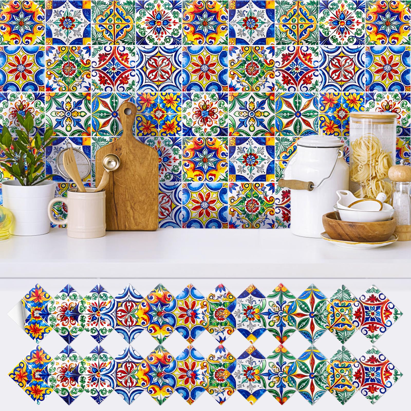 24Pcs Mediterranean Tile Stickers Waterproof Vinyl Splashback Kitchen Bath