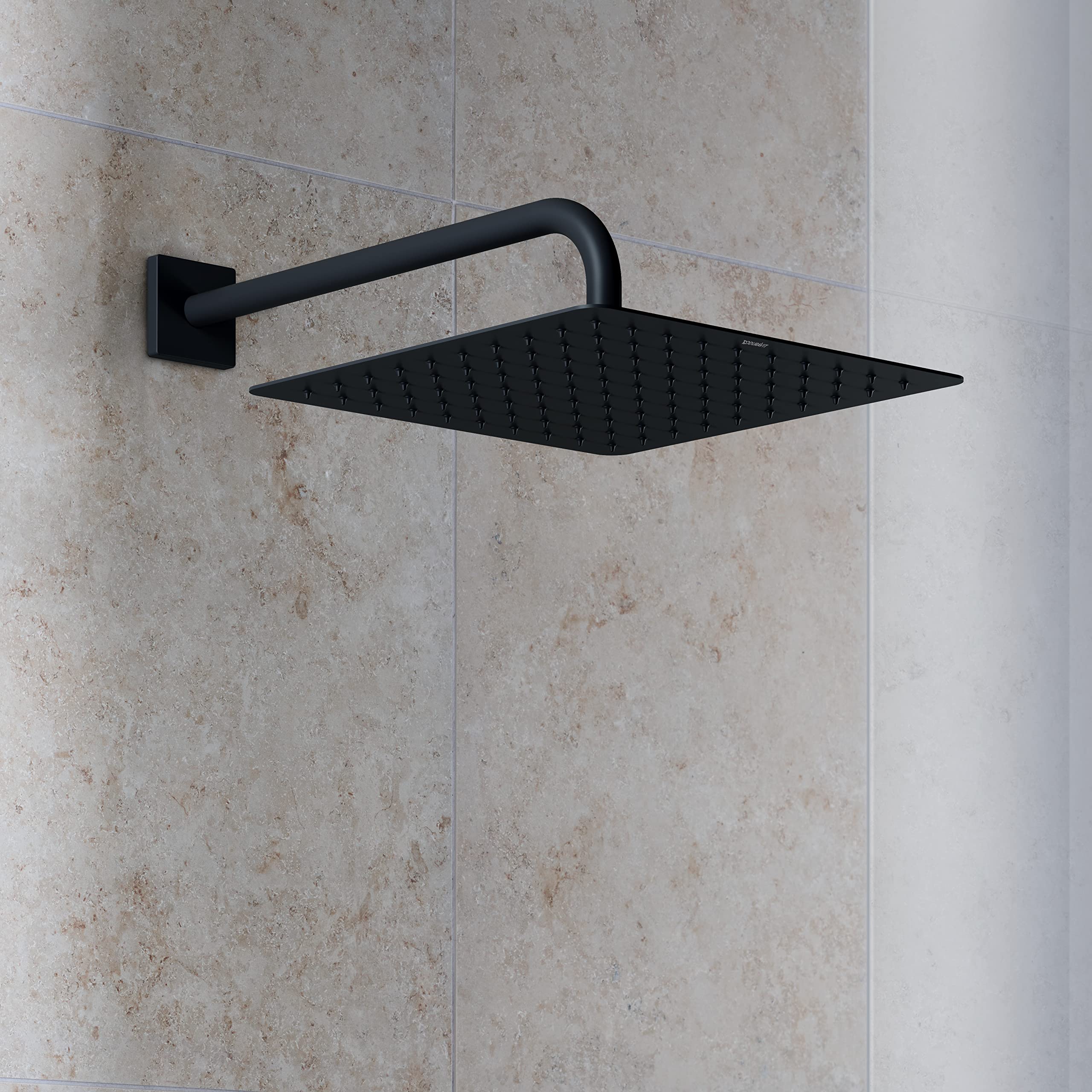 Douche de tête universelle Duravit en inox, pomme de douche avec jet Rain, robinetterie de douche carrée (Ø 300 mm), pomme de douche à angle réglable, douche de pluie, noir mat