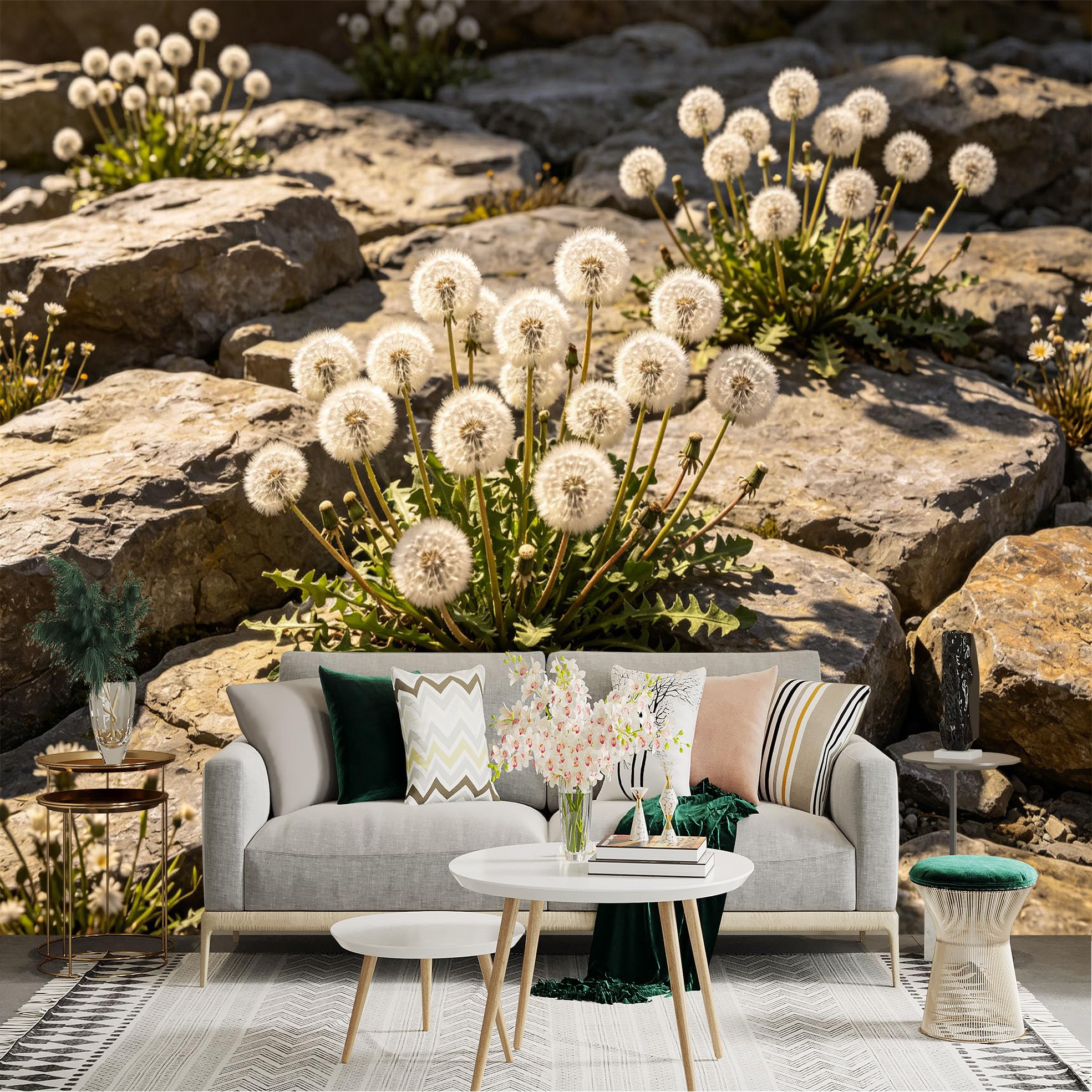 Lnzczhyre Dbh260521153 Custom Size Wall Sticker Mural， Dandelion Seeds， White Fluffy Flowers， Natural Landscape， Stone Pavement Background， For Wall Decoration， Peelandstick Wall Decals.