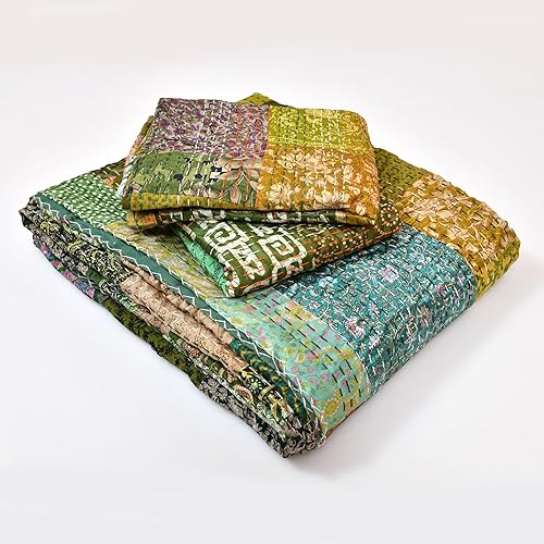 Miniatura 5 de THE ART BOX Colcha de seda india King Kantha con 2 fundas de almohada, hecha a mano, de algodón, con puntada vintage, Gudri bohemia, manta de playa,