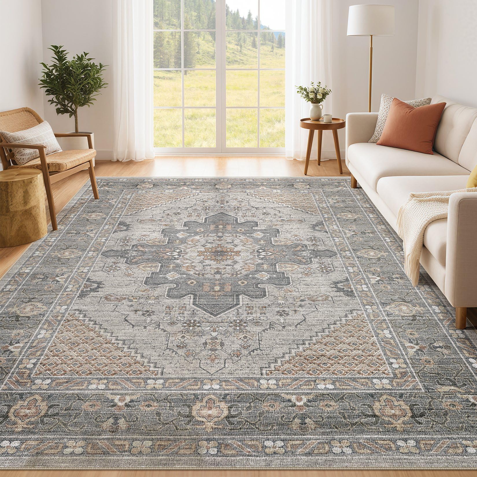Photo 1 of Tortania Area Rug Living Room Rugs - 6x9 Washable Boho Rug Vintage Oriental Distressed Farmhouse Large Thin Indoor Carpet for Living Room Bedroom Under Dining Table Home Office - Brown Gray