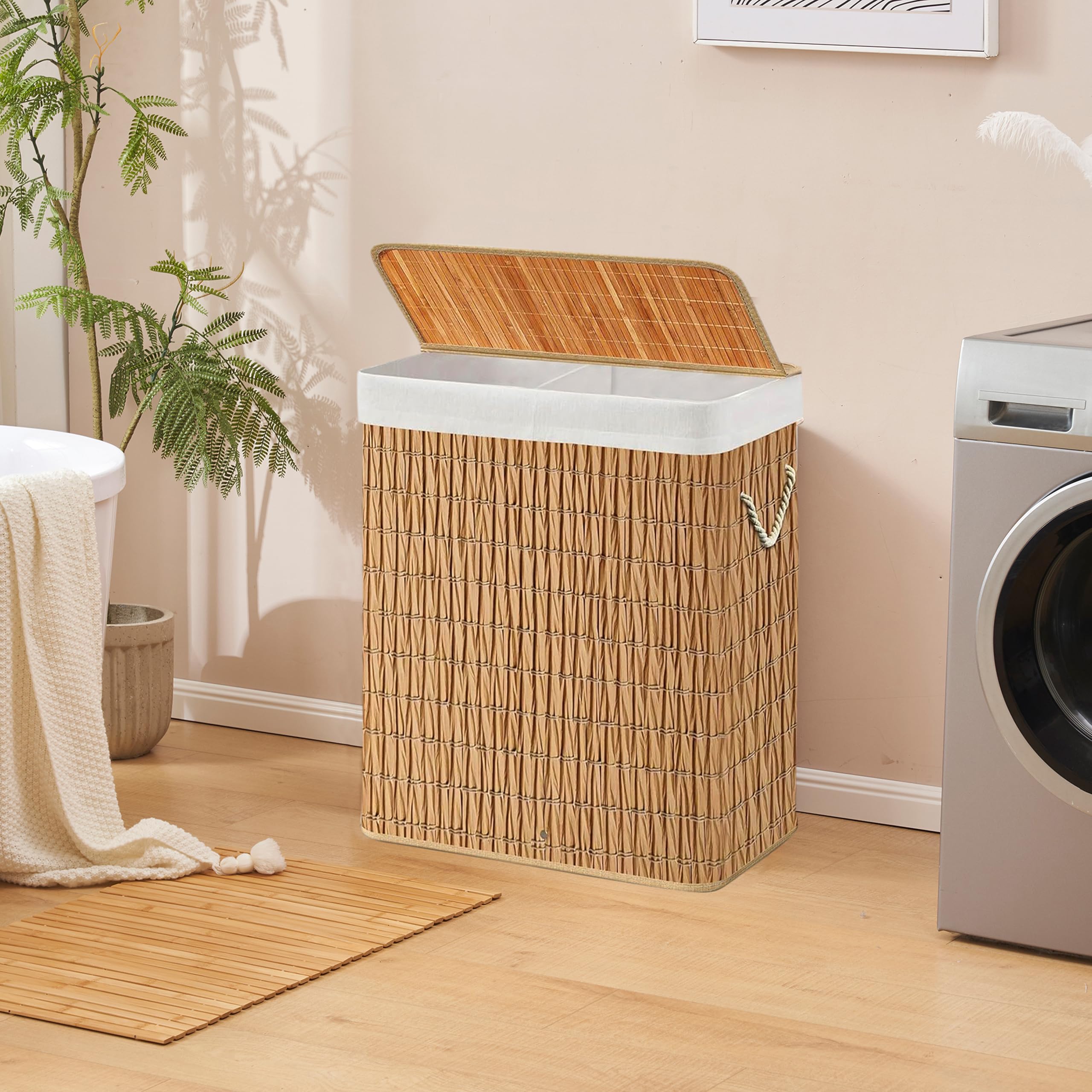 Wäschekorb 2 Fächer FALSTER XL R, 100 L Wäschesammler mit Deckel, Wäschebox Rattan mit Griffen, praktische Faltfunktion, Braun