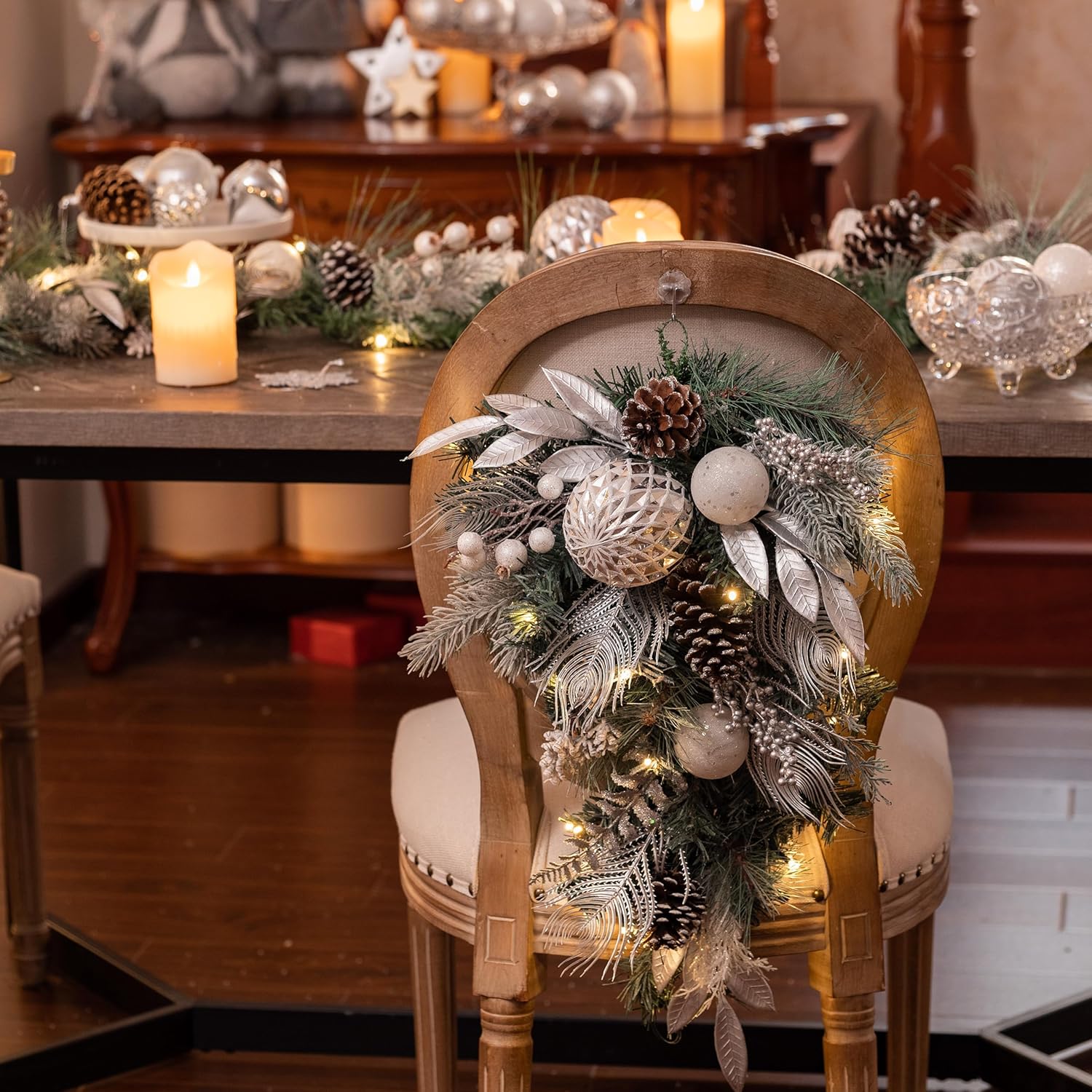 Valery Madelyn Pre-Lit Christmas Teardrop Swag for Decorating Outdoor, 24 Inch Sliver White Mailbox Swag Decoration with 20 LED Lights, Ball Ornaments for Front Door Stairway Window Shelf Xmas Decor