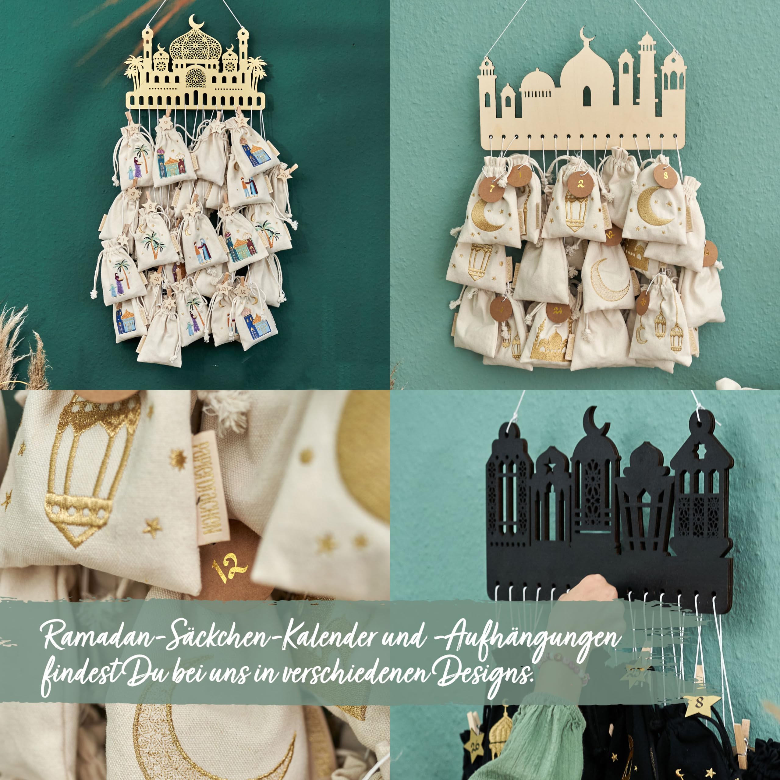 Papierdrachen DIY Ramadankalender zum Befüllen - für Kinder und Erwachsene - 15 bestickte und 15 unbestickte Baumwollsäckchen mit Zahlen, Aufhängung und Schnur - natur gold - wiederverwendbar - Set 9