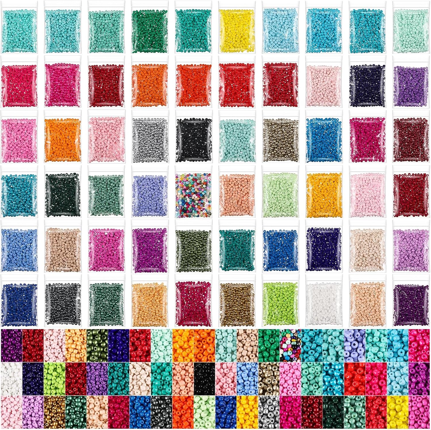 Landical 120000 Pcs 3 mm Pony Bead Bulk Glass Small Seed Beads Bulk with 60 Colors for Jewelry Making Supplies Necklaces Keychains Hair Braid DIY Craft Accessories