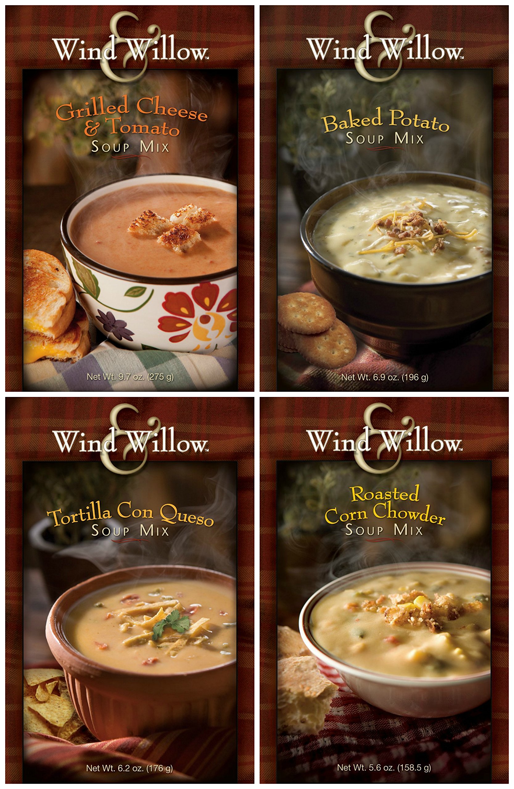 Wind & Willow Favorite Soup Mix Bundle: Baked Potato, Grilled Cheese & Tomato, Roasted Corn Chowder, and Tortilla Con Queso - 4 Total Items
