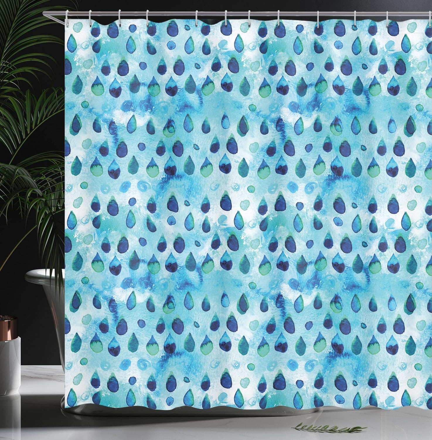 Ambesonne Navy and Teal Shower Curtain, Abstract Blue Watercolor Drops Aquarelle Art Rain Teardrop Quirky, Cloth Fabric Bathroom Decor Set with Hooks, 69" W x 70" L, Turquoise Navy